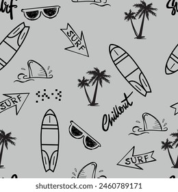 Surfing summer seamless pattern.Palm leaf, surfboard and shark drawing. For textile and more