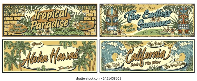 Surfing summer sign. Catch the surf wave poster set. Surf time for surfer in chill bar. Old tribal collection with ethnic totem and idol for tiki bar.