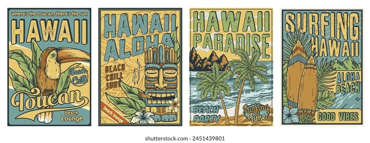 Surfing summer sign. Catch the surf wave poster set. Surf time for surfer in chill bar. Old tribal collection with ethnic totem and idol for tiki bar.