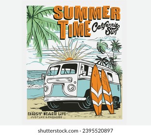 Surf. Hora de verano. Obra de arte de los albornoces de playa para camisetas, afiches, pegatinas. Buenas vibraciones de verano. Diseño gráfico de camisetas de paraíso, eslogan de tipografía sobre el fondo de las palmeras.  autobús de playa. Playa de por vida.