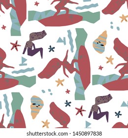 Surfing summer time seamless pattern. Surfing pattern with summer items elements in cut paper style for print fabric design, t-shirt, summer poster. Vector illustration