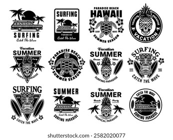 Surfing and summer vacation big set of vintage emblems with tropical beach, waves, surfboards, palm trees, and sunsets. Perfect for t-shirts, and retro style designs