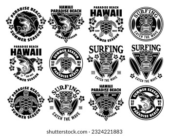 Surfing and summer vacation set of vector emblems, labels, badges or t-shirt prints in vintage monochrome style on white background