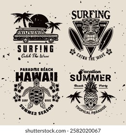 Surfing and summer vacation set of vintage emblems with tropical beach, waves, surfboards, palm trees, and sunsets. Perfect for t-shirts, and retro style designs