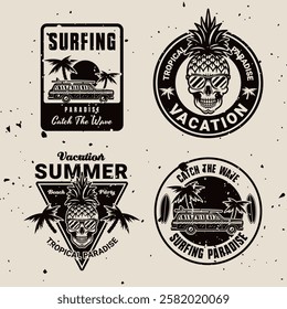 Surfing and summer vacation set of vintage emblems with tropical beach, waves, surfboards, palm trees, and sunsets. Perfect for t-shirts, and retro style designs