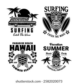 Surfing and summer vacation set of vintage emblems with tropical beach, waves, surfboards, palm trees, and sunsets. Perfect for t-shirts, and retro style designs