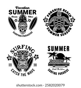 Surfing and summer vacation set of vintage emblems with tropical beach, waves, surfboards, palm trees, and sunsets. Perfect for t-shirts, and retro style designs