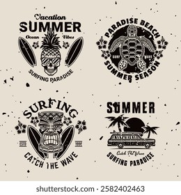 Surfing and summer vacation set of vintage emblems with tropical beach, waves, surfboards, palm trees, and sunsets. Perfect for t-shirts, and retro style designs