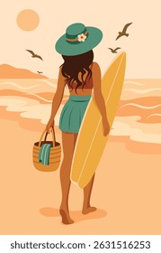 Surfing. Summer vacation. Vector illustration of tanned girl with surfboard walking on the beach at sunset. Vacation, freedom, travel. Use for tourism project and vacation