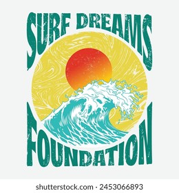 Surf, dibujo a mano de vibraciones de verano, eslogan de playa de verano con ilustración de playa, Hawai, tipografía de surf Aloha para estampado de camiseta, estampado de Vector de playa