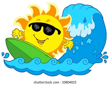 Surfing Sun on white background - vector illustration.