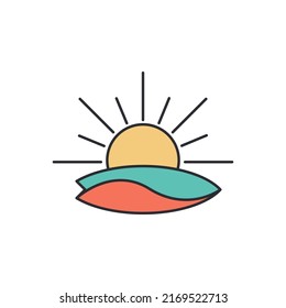 Surfing and sun vintage logo vector illustration. Emblem surfboard on sunset background. Color simple sport icon. Tropical exotic water vacation concept