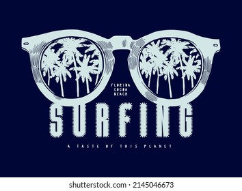Surfing sunglasses with tropical coast palm-trees vintage typography t-shirt print vector illustration. Summer sports silkscreen poster.