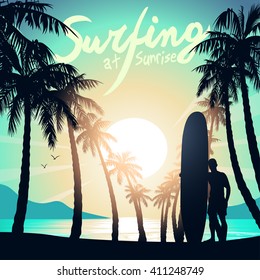 Surfing at Sunrise with a long board surfer .
