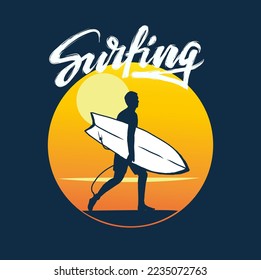 
surfing sunset in beach silhouette vector illustration