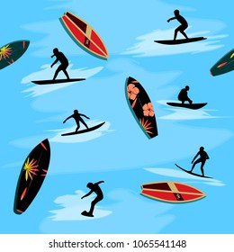 Surfing, surf boards and blue sky seamless pattern.