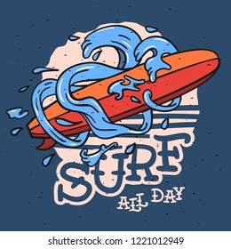 Surfing Surf Themed Longboard And Stylized Water Waves And Drops Hand Drawn Traditional Old School Tattoo Aesthetic  Influenced Art Drawing Vintage Inspired Illustration For T Shirt Print Vector Image