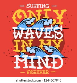 Surfing Surf Themed T Shirt Print Design Hand Drawn Traditional Old School Tattoo Aesthetic Flesh Body Art Influenced Drawing Vintage Inspired Illustration Vector Graphic