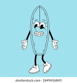 Surfing. Surfboard doodle character. Funny cartoon retro character in flat style. Doodle vector illustration.