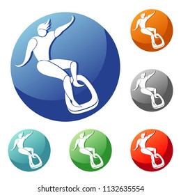 surfing, surfboard on the board slips. icon, sign, emblem in a circle of different colors