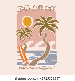 Surfar com Surfboard em Palm Tree Beach Graphics. mão feito Vintage Verão Arte. Sunset ou Sunshine Vibes Praia Gráfico Arte. Use esta obra de arte como camiseta, T, moletom, roupas femininas, menina 