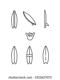 Surfing, Surfboard, Shaka Hand, Aloha Simple Thin Line Icon Set Vector Illustration