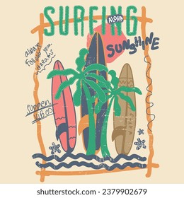 surfing surfboard sunshine waves in aloha beach vibes t shirt print and embroidery applique , 