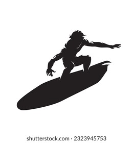 Surfing, surfer on board, isolated vector silhouette, ink drawing