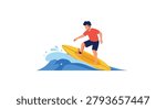Surfing. A surfer on a board rides a wave.