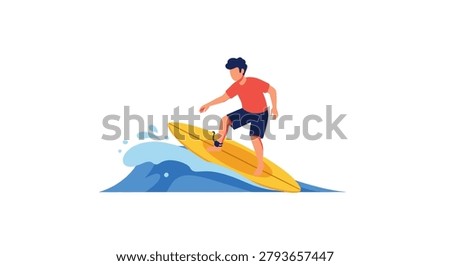 Surfing. A surfer on a board rides a wave.