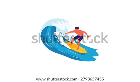 Surfing. A surfer on a board rides a wave.