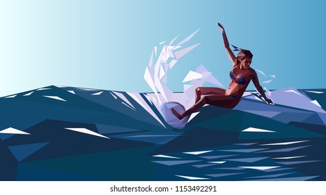 Surfing. The surfer on the outside in the style of low poly. Vector