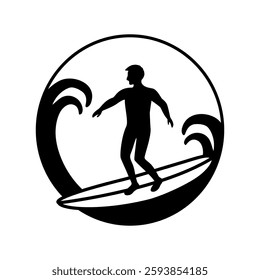 Surfing. Surfer on a surfboard icon. Logo for a surf club, equipment store, website. Vector icon. A symbol of active recreation on the coast and sports. Black and white illustration.