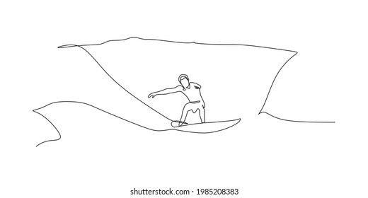 Surfing Surfer Riding Ocean Wave - Continuous One Line Drawing