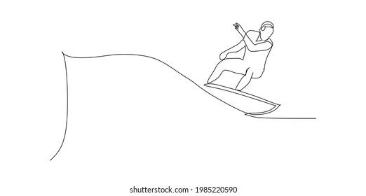 Surfing Surfer Riding Ocean Wave - Continuous One Line Drawing