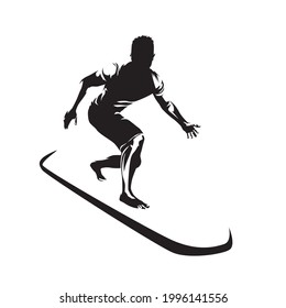 Surfing, surfer with surfboard riding. Isolated vector silhouette. Ink drawing, front view