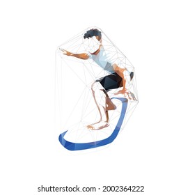 Surfing, surfer with surfboard riding. Isolated low polygonal vector illustration. Geometric drawing from triangles, front view