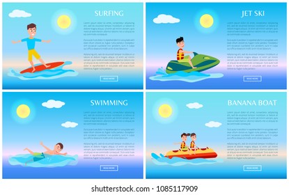 Surfing and swimming, banana boat and jet ski, summer time vector illustration, water sports, sunny day, blue marine, text sample happy people
