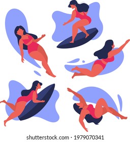 Surfing and swimming woman in sea or ocean. Floating happy girls. Surfer standing on surf board, beach and summer vibes. Tropical hawaii print, surfing girl in swimwear. Sport activity, vacation