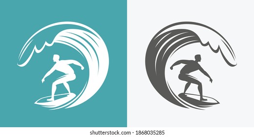 Surfing symbol. Surfer and wave emblem vector illustration