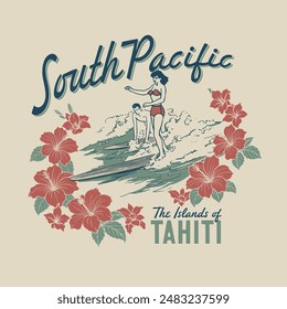 Surfing Tahiti Pacific Graphic Vector