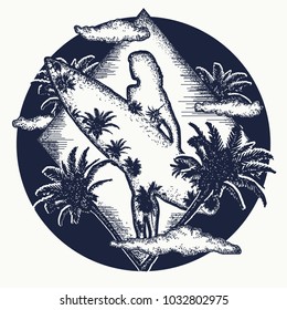 Surfing tattoo art and t-shirt design. Symbol of extreme sport, driving on sea waves, tropics, paradise. Beautiful girl with a surfboard 