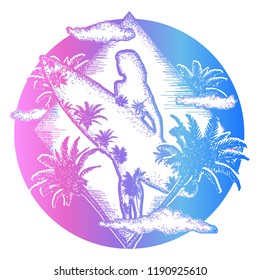Surfing tattoo art and t-shirt design. Symbol of extreme sport, driving on sea waves, tropics, paradise. Surf art. Beautiful girl with a surfboard 