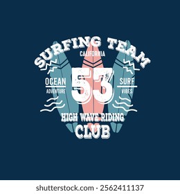 Surfing Team California high wave riding Club print varsity graphic tee