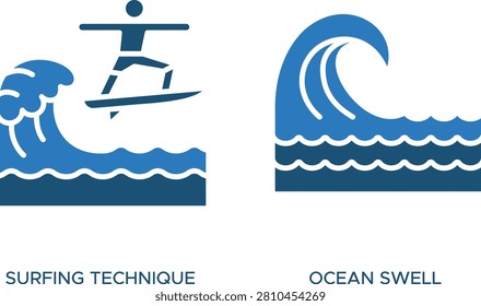 Surfing technique vector illustration with ocean wave and surfer silhouette