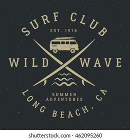 Surfing tee design in vintage style with surf symbols - old rv car, surfboards and summer typography - wild wave. Vector hipster patch for t shirt, clothing print. Isolate on dark.