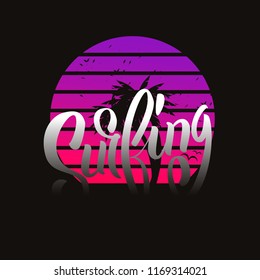Surfing tee print with palm tree. T-shirt design graphics stamp label typography. Vector illustration.
