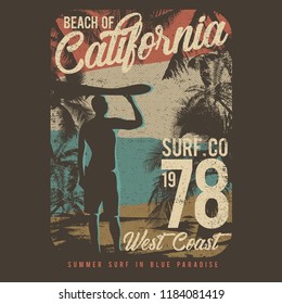 Surfing Theme, Beach of California, idea for t-shirt design