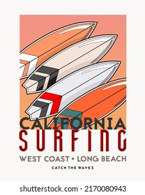 Surfing theme design template iin retro style for poster, banner or t shirt print. Surfboards and typography California surfing.