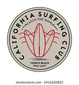 Plantilla del logotipo del tema de surf. Emblema vintage de estilo retro. Surfboards, olas y tipografía para la impresión de clubes de surf o camisetas